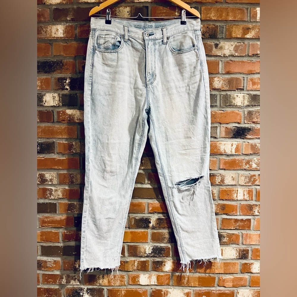 American Eagle Women’s size 12 High Rise Ripped  distressed Mom Jean raw hem